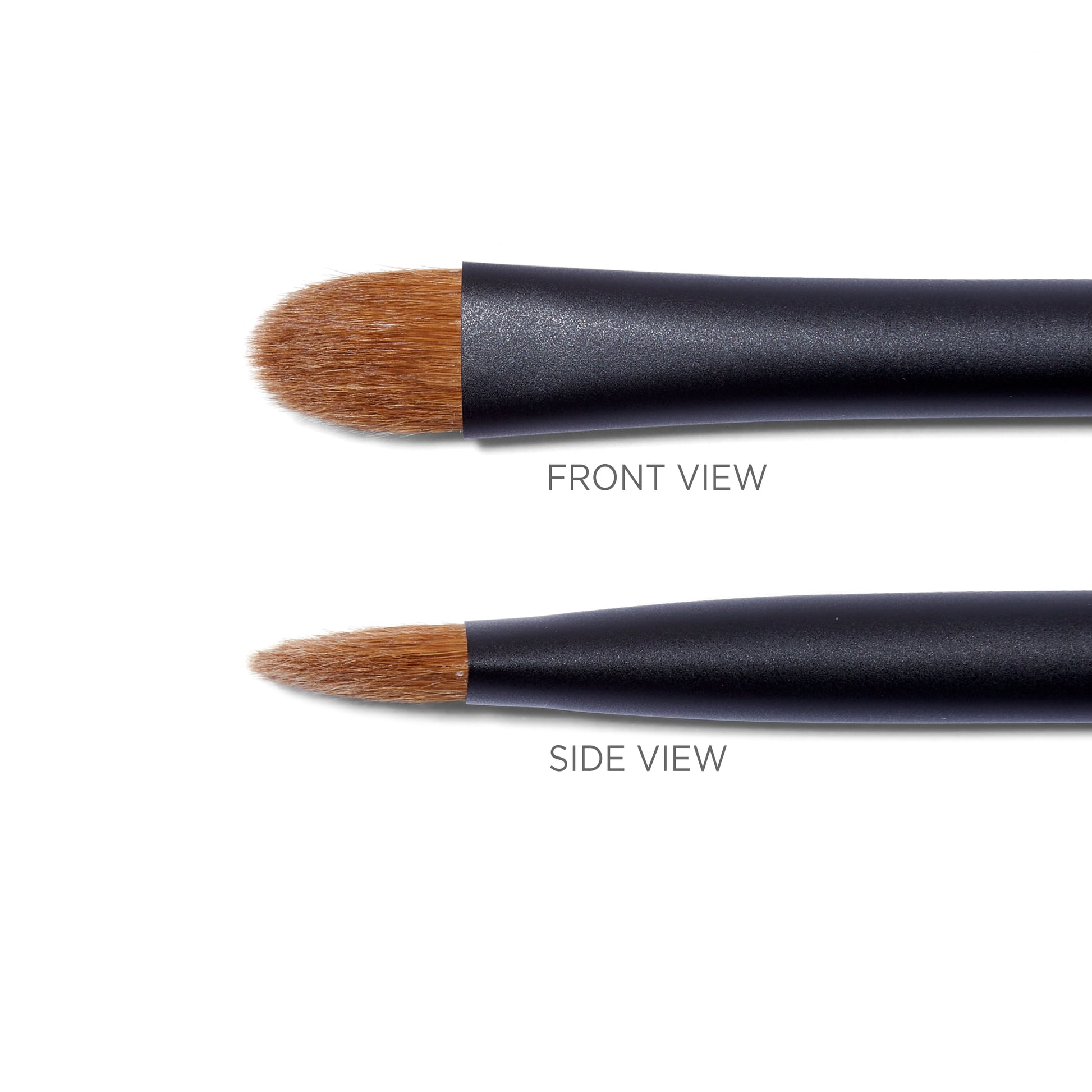 Side view and front view close ups of the Surratt Perfectionniste Complexion brush. The natural bristles are brown and in a soft curved taper. 