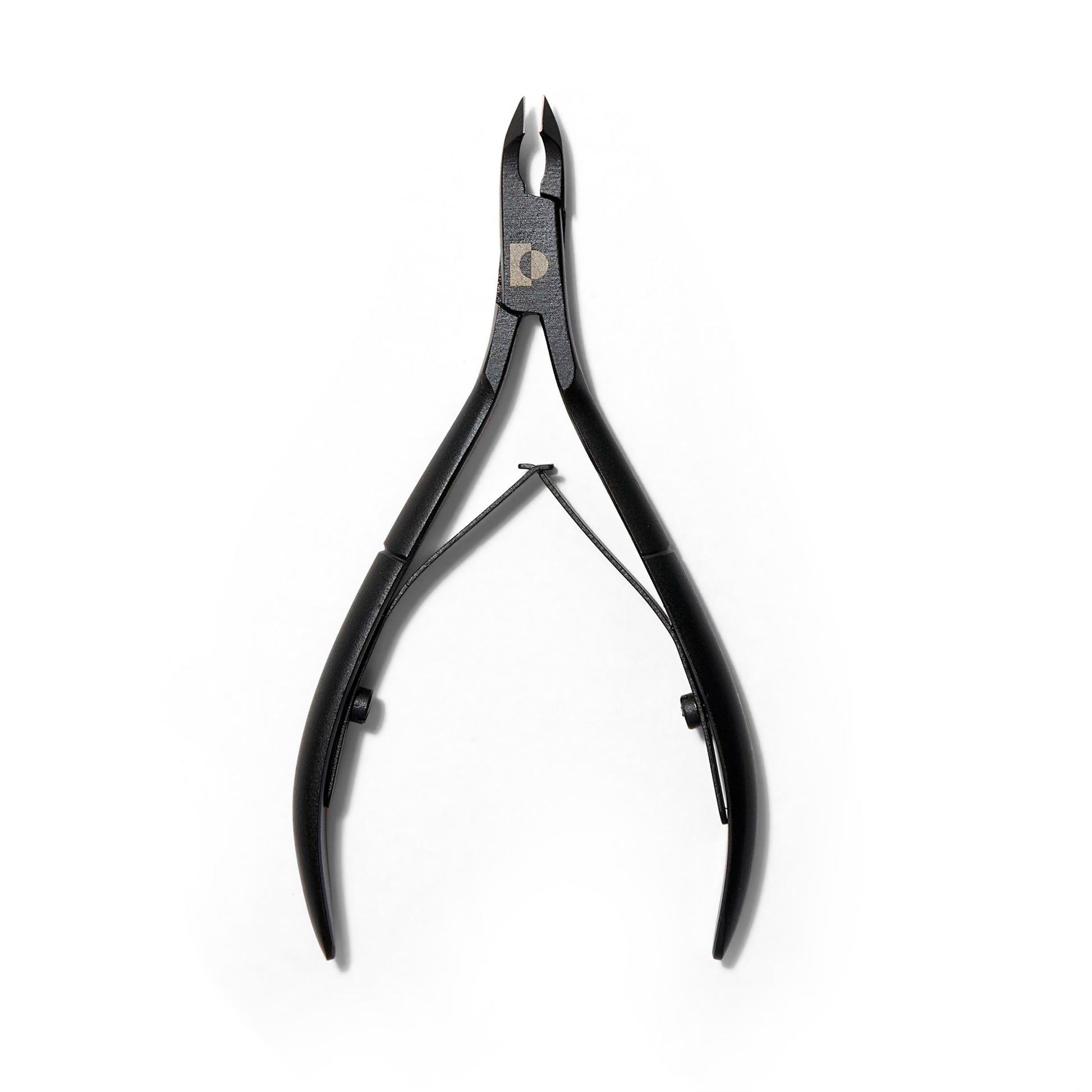 Matte black steel cuticle nippers. The blades are slightly open. 