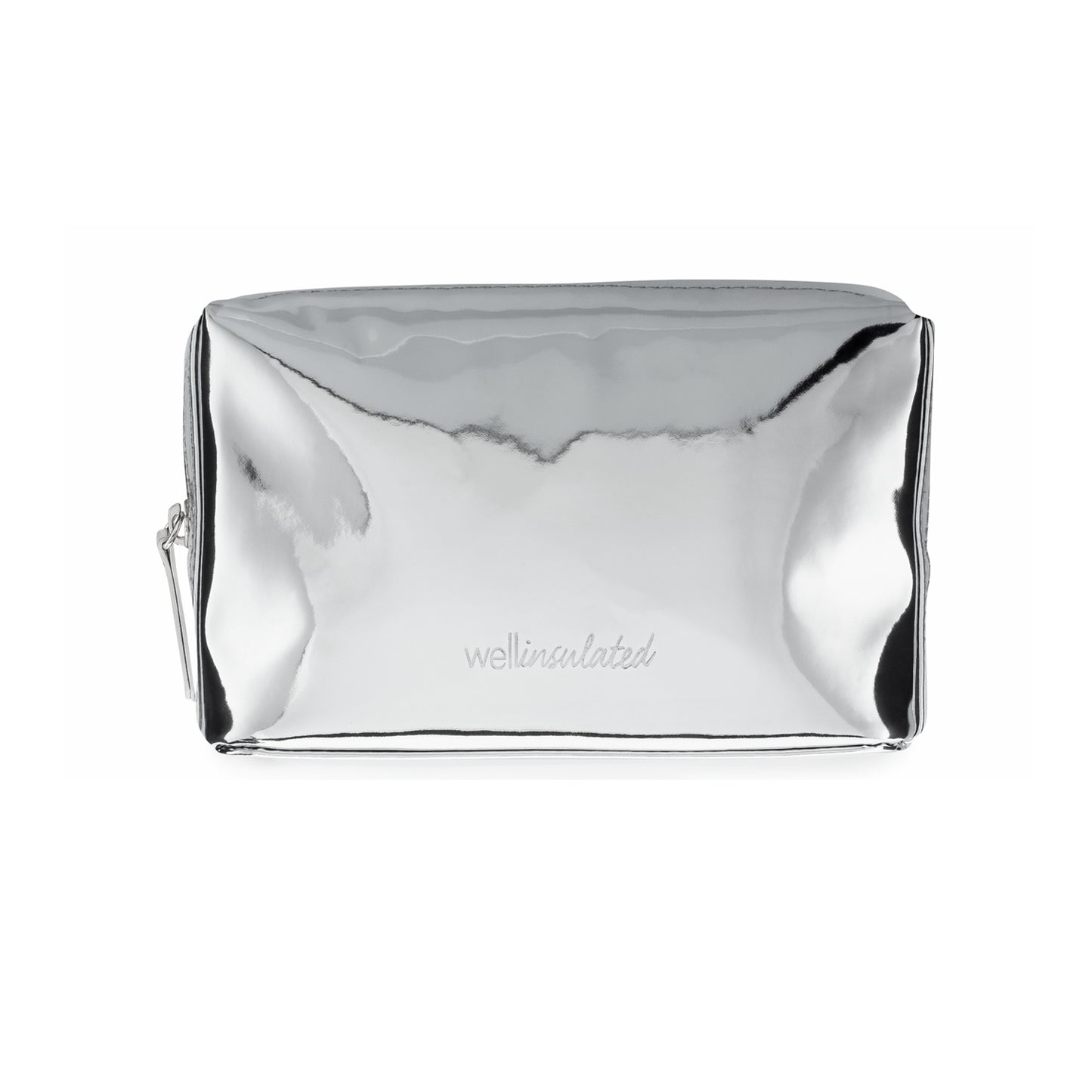 The Well Insulated Beauty Bag shown from the front. The bag is silver with the well insulated logo embossed on it.