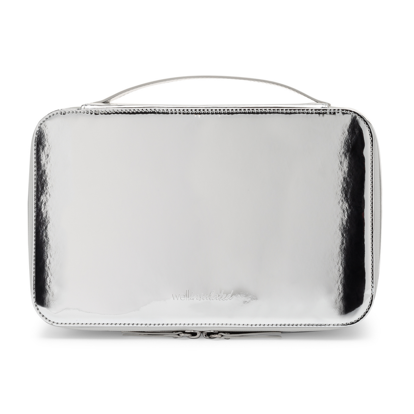 Upright front view of the Well Insulated Performance Travel Case. The handle on the top of the case is visible. The case is metallic silver with the Well Insulated logo embossed in the surface. 