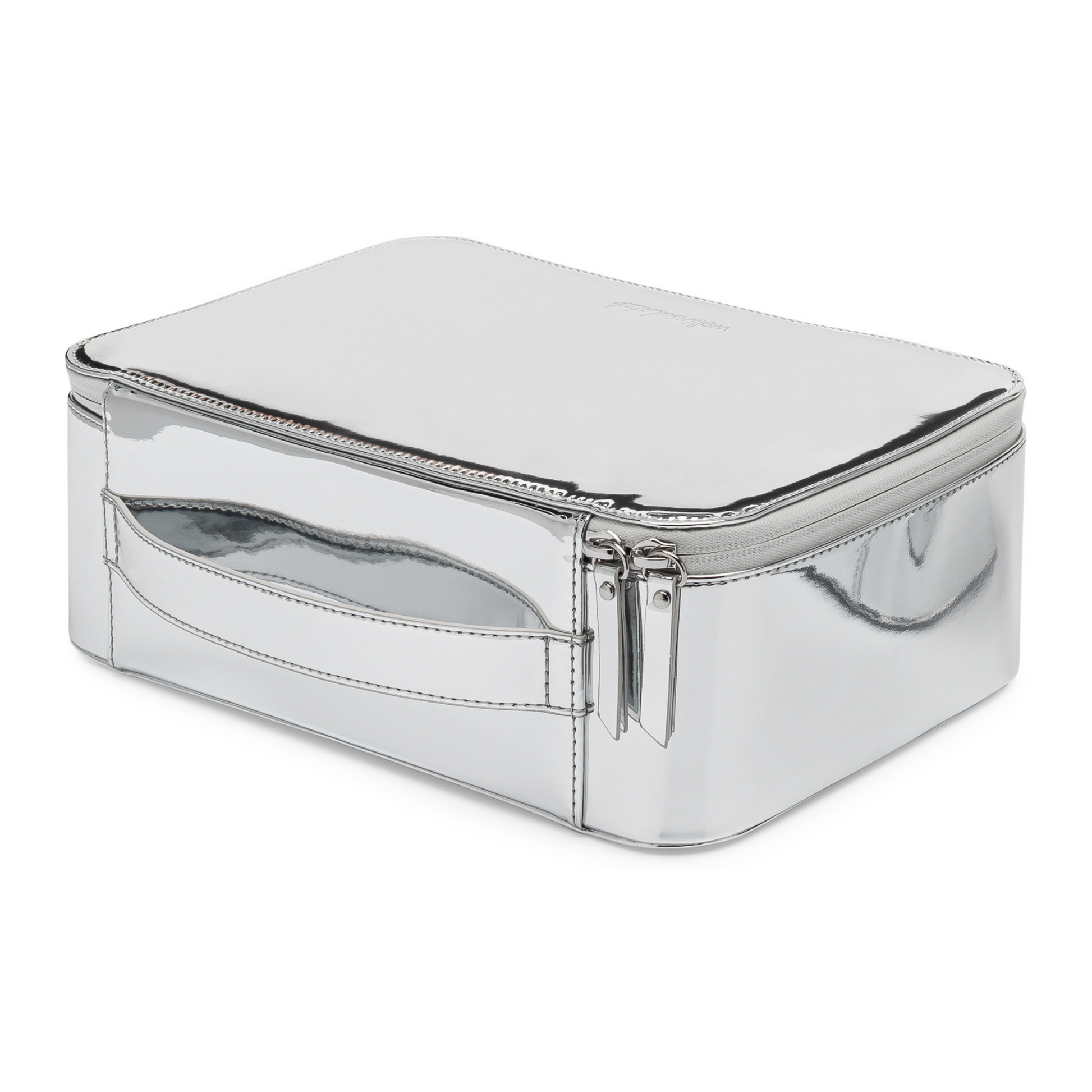 Side angle view of the Well Insulated Performance Travel Case. The handle on the top of the case is visible. The case is metallic silver and the two zippers are featured.