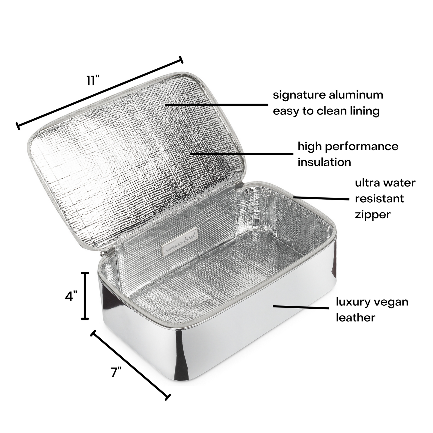 The Well Insulated Performance Travel Case is open showing the silver lining of the bag. There is text pointing out various features of the bag as well as the dimensions.