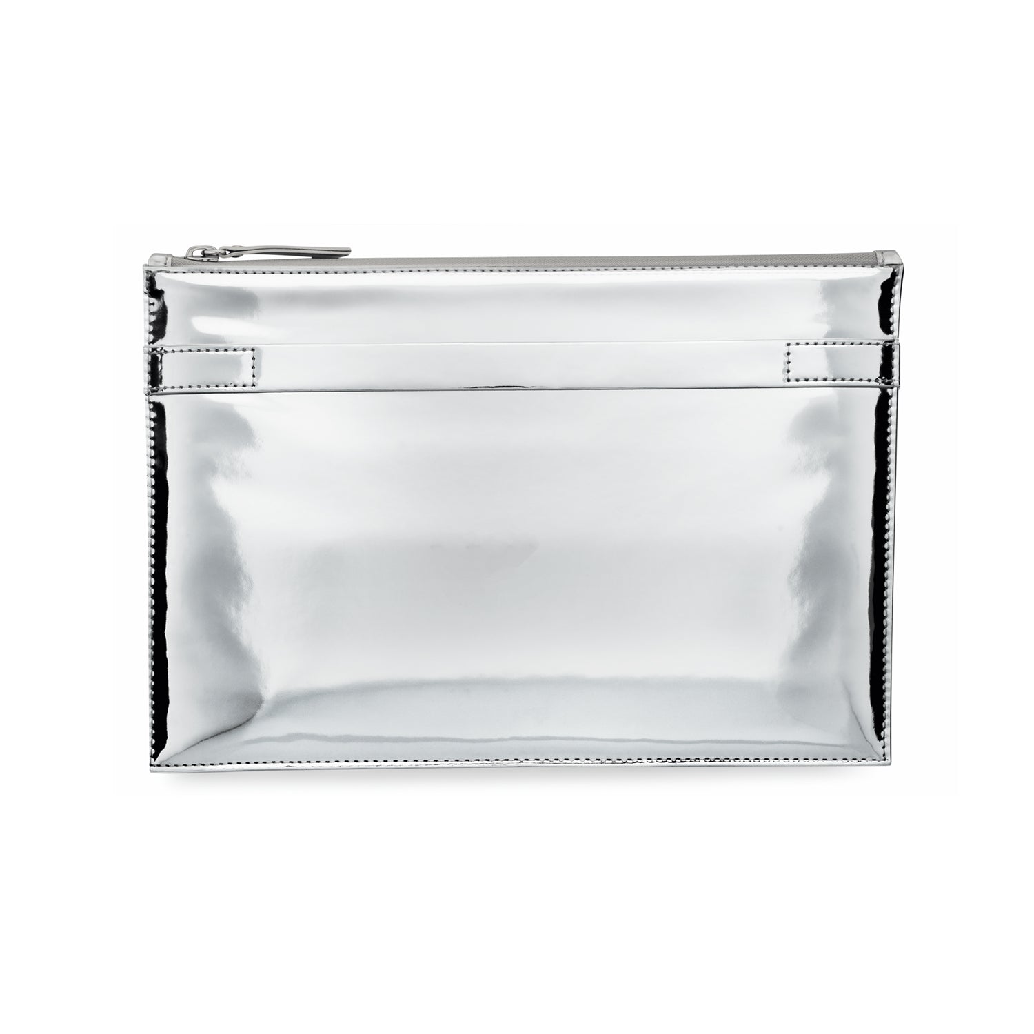 Front view of the Performance Tech Pouch. The rectangular silver pouch has a zipper along the top.
