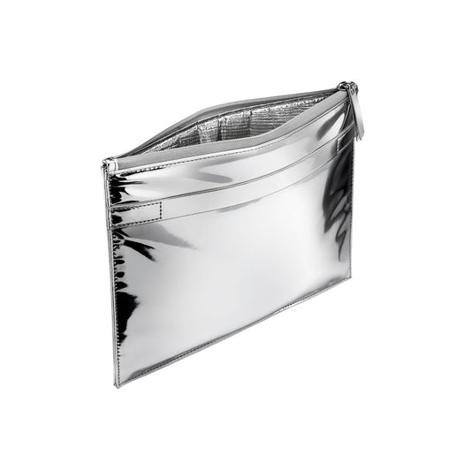Side angle view of the Performance Tech Pouch. The rectangular silver pouch has a zipper along the top and is open showing the silver interior of the bag.