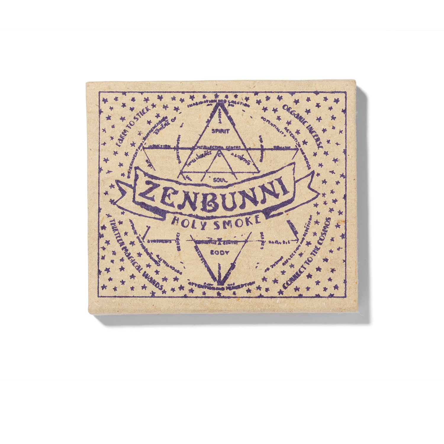 The box for the Zen Bunni Holy Smoke Incense is cream colored cardboard with purple screen printing on the cover. 